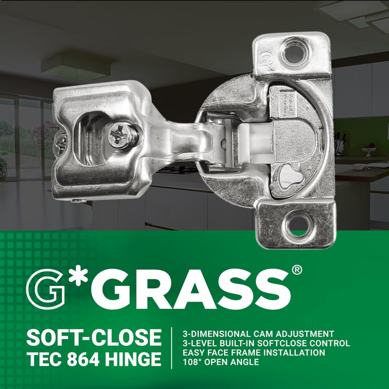 ROK 2 Pack Rok Hardware Grass TEC 864 108 Degree 1" Overlay 3 Level Soft Close Screw On Compact Cabinet Hinge 04441A-15 3-Way Adjustment 45mm Boring Pattern - Image 2